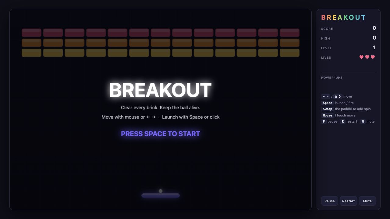 Screenshot der Breakout-Webseite mit bunten Ziegeln und Schläger
