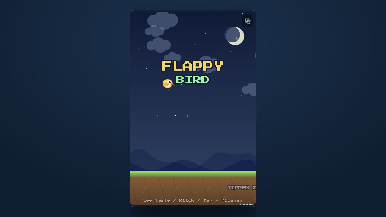Screenshot des Flappy-Bird-Startbildschirms vor einem Nachthimmel