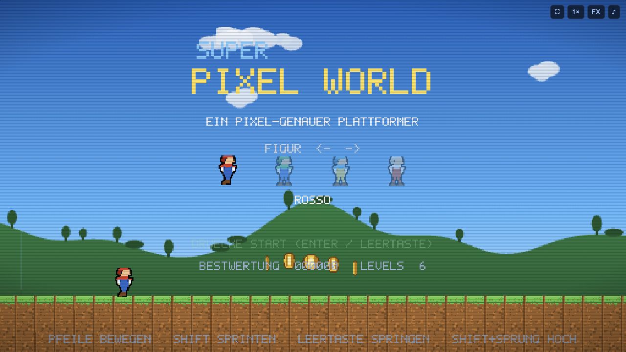 Screenshot von Super Pixel World mit Spielfigur, Münzen und grünen Hügeln