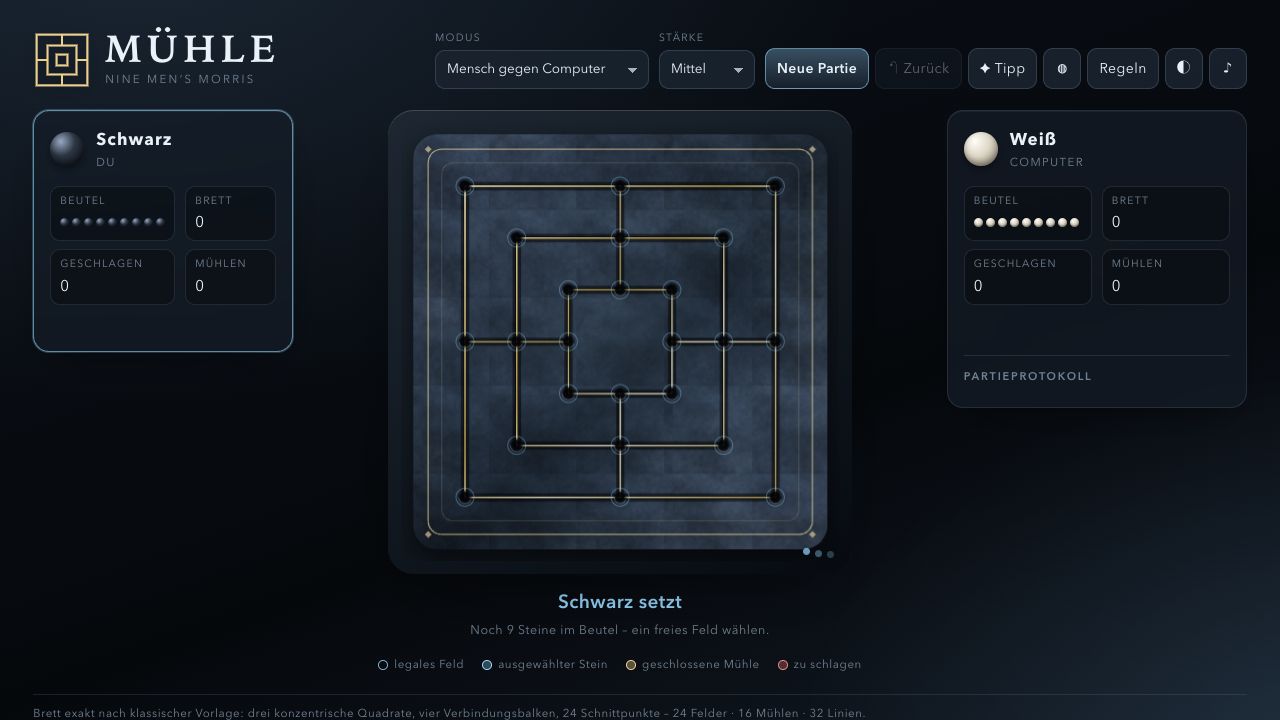 Screenshot des Mühle-Spielbretts mit schwarzen und weißen Spielsteinen am Rand