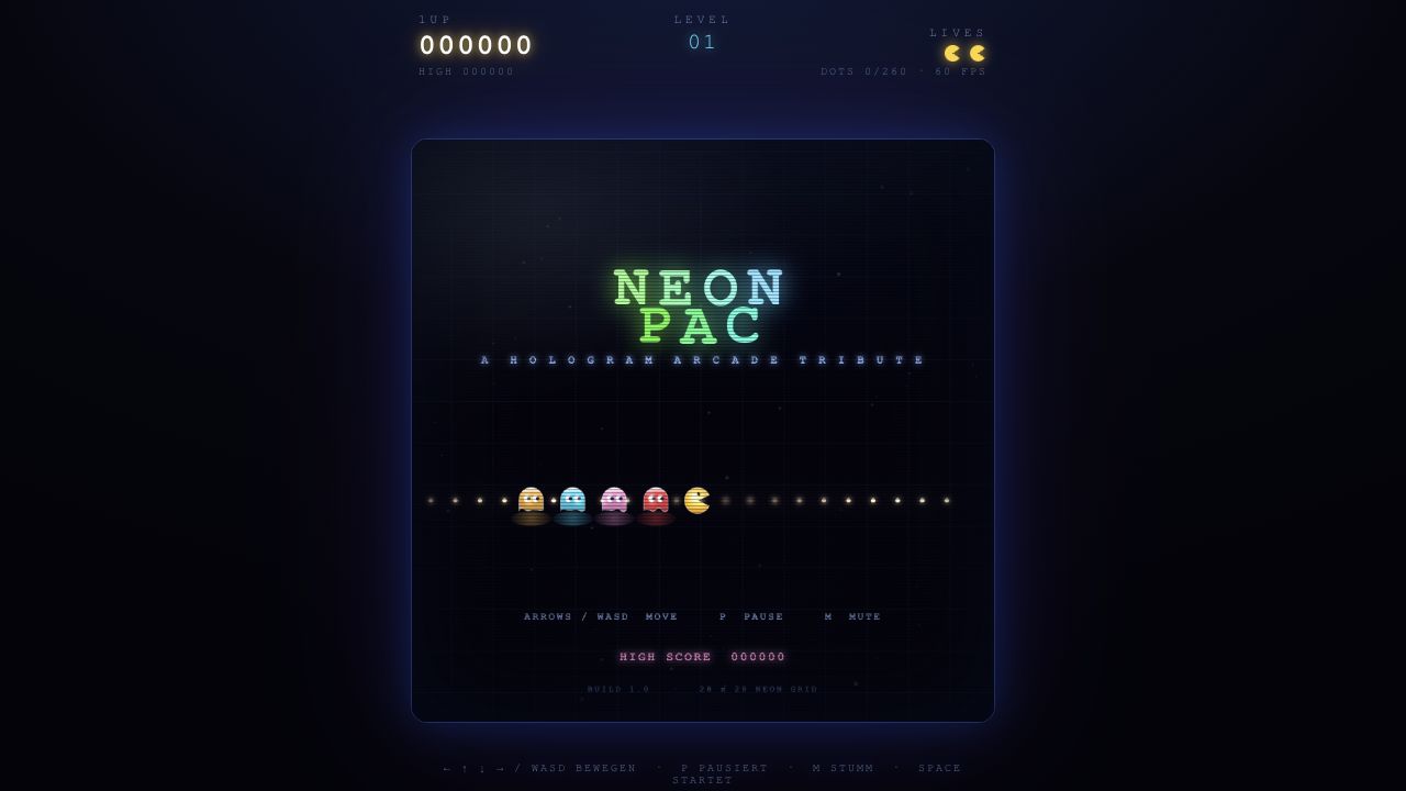 Screenshot des Neon-Pac-Startbildschirms mit Pac-Man und vier Geistern