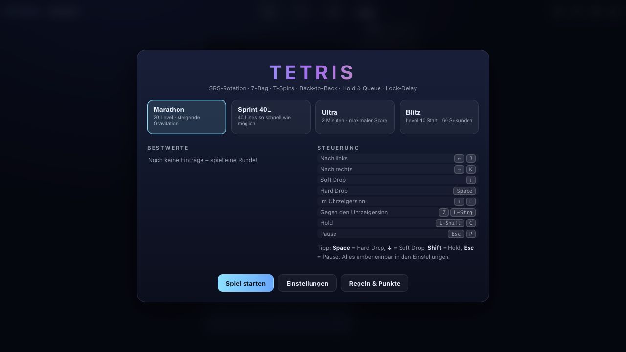 Screenshot des Tetris-Menüs mit Marathon, Sprint, Ultra und Blitz
